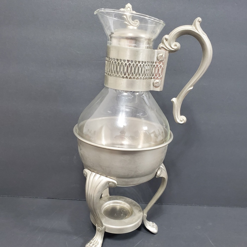 Vintage Coffee Carafe Warming Stand Silver Tone Glass Victorian Style